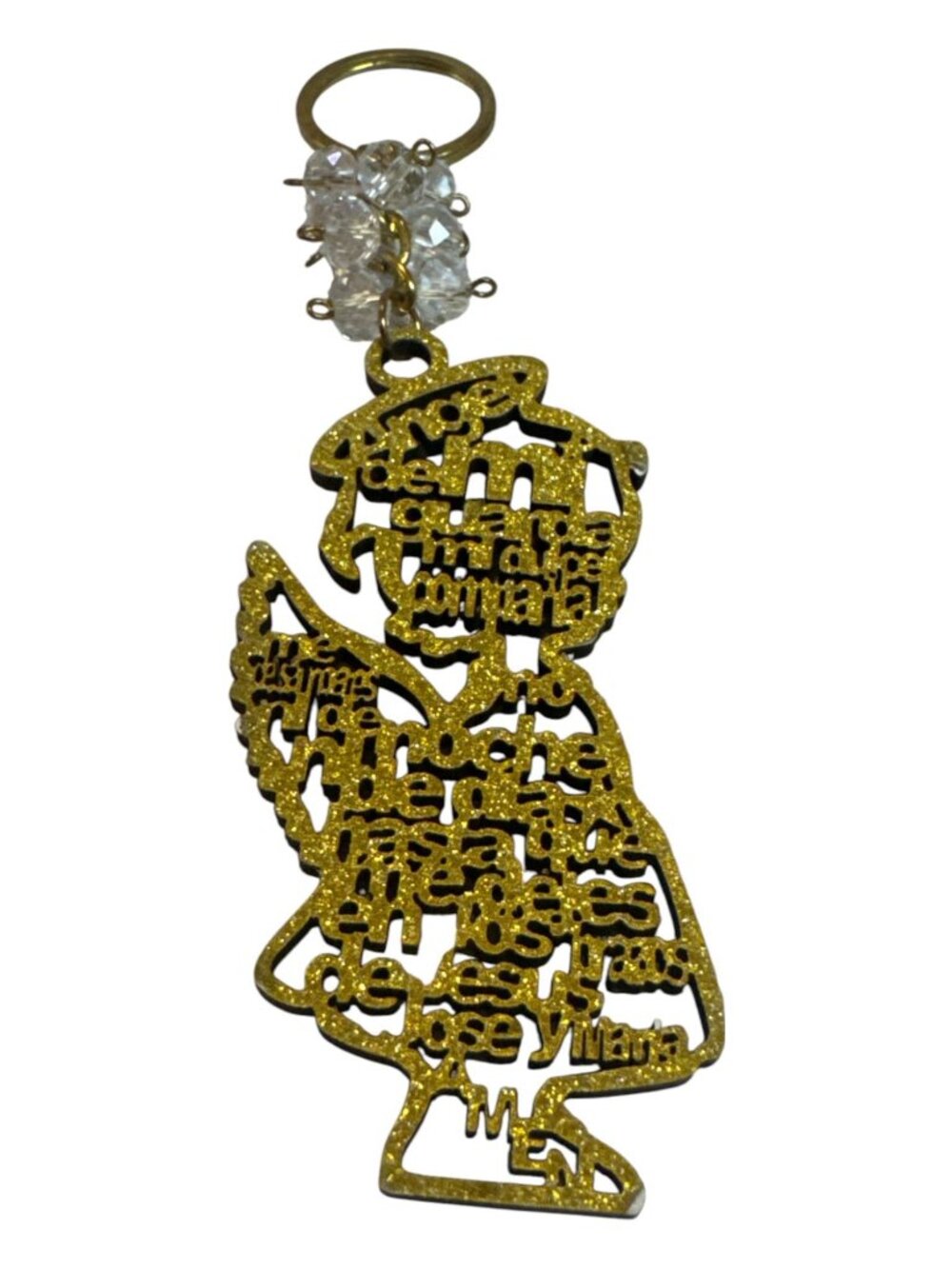 Gold Glitter Angel Keychain With Clear Beads & Intricate Prayer Design